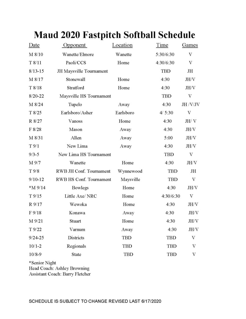 Maud 2020 Fast Pitch Softball Schedule